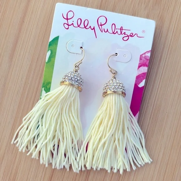Brand New Lilly Pulitzer Resort White Tassel Earrings Gold Tone Rhinestone Drop - Picture 12 of 12